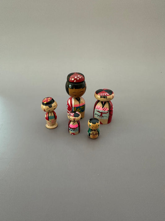 Vintage Kokeshi Bobble-Head Figures - Set of 5